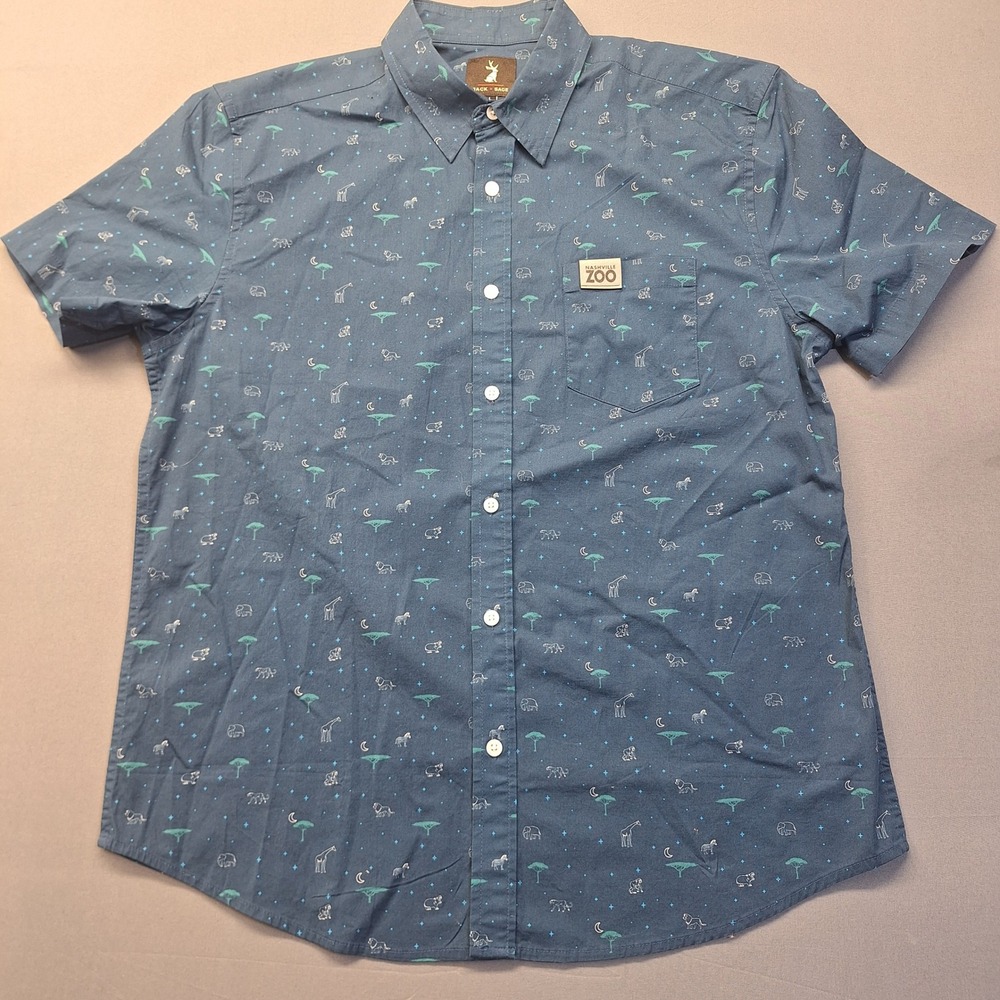 Jack Sage Nashville Zoo Safari Animal Print Short Sleeve Shirt Mens Large Blue